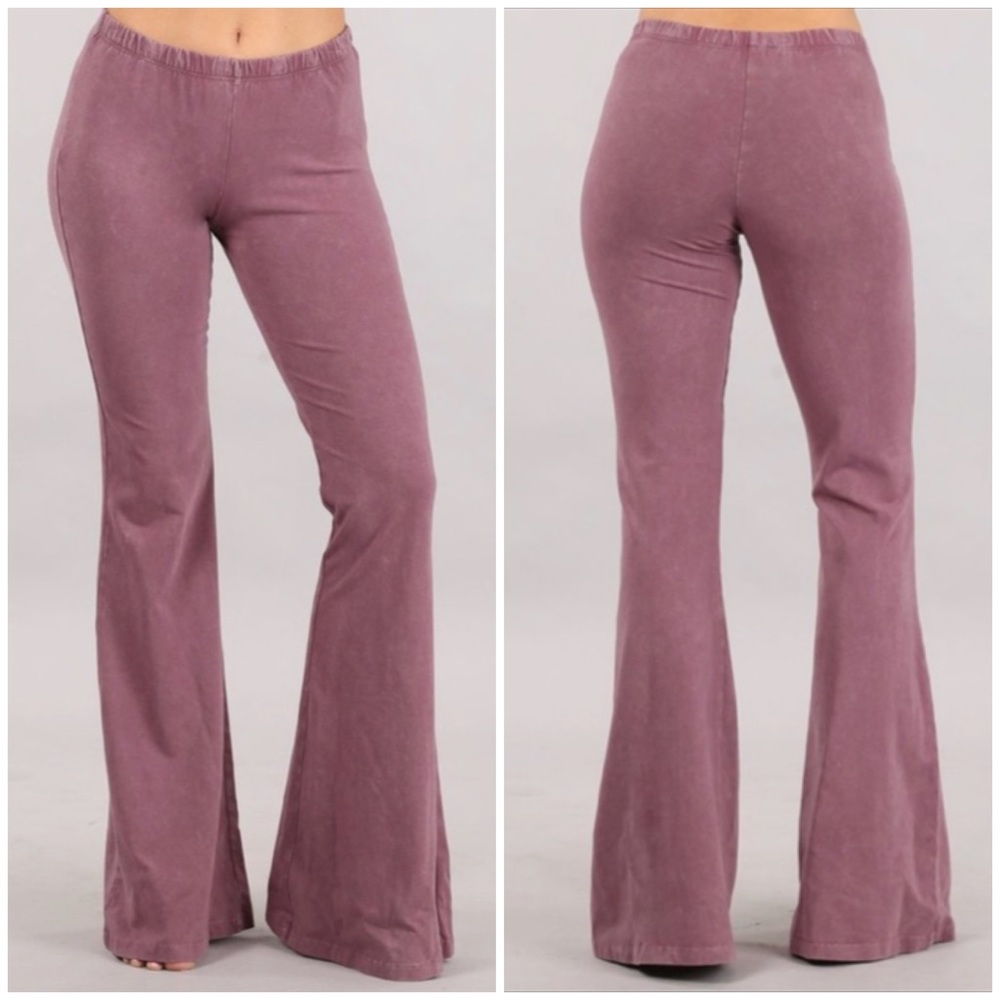 Dusty Rose Boho Mineral Wash Stretch Flared Bell Bottom Casual Pants - Picture 1 of 6